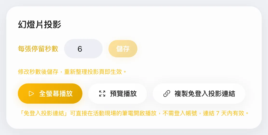 互動功能頁的幻燈片投影設定：每張停留秒數 6，全螢幕播放、預覽播放、複製免登入投影連結三個按鈕